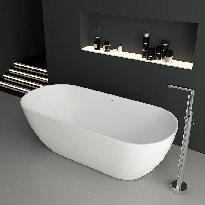 SJ STAR&JANE 69" Solid Surface Freestanding Bathtub, Matte White Oval Stone Resin Soaking Tub Stand Alone Tub with Overflow and Pop-up Drain for Modern Bathrooms