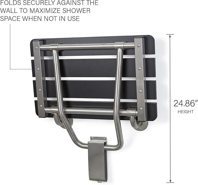 28-inch x 15-inch ADA Folding Wall Mount Bathroom Shower Seat Bench, Black Slatted Phenolic Seat