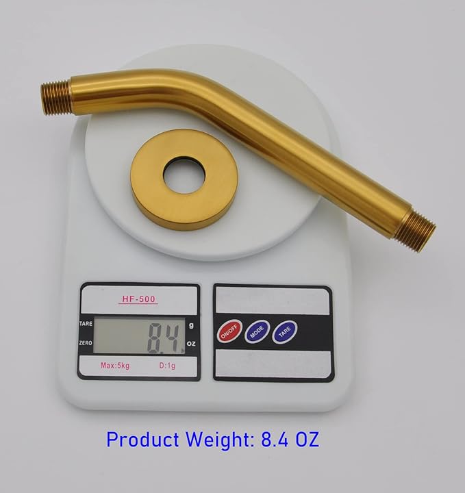 Aquaiaw Shower Arm and O-Ring Flange, 8 inch, Solid Brass, Brushed Gold, Round, Both Soldered 1/2 NPT Tapered Threads, Wall Mount Shower Arm Extension with Escutcheon, for Rain Shower Head Max. 12"