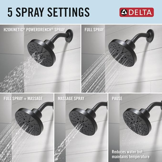 Delta Nicoli 14 Series H2Okinetic Shower Faucet Set, Matte Black Shower Head and Handle Set, Valve Trim Kit, Matte Black 142749-BL (Shower Valve Included)