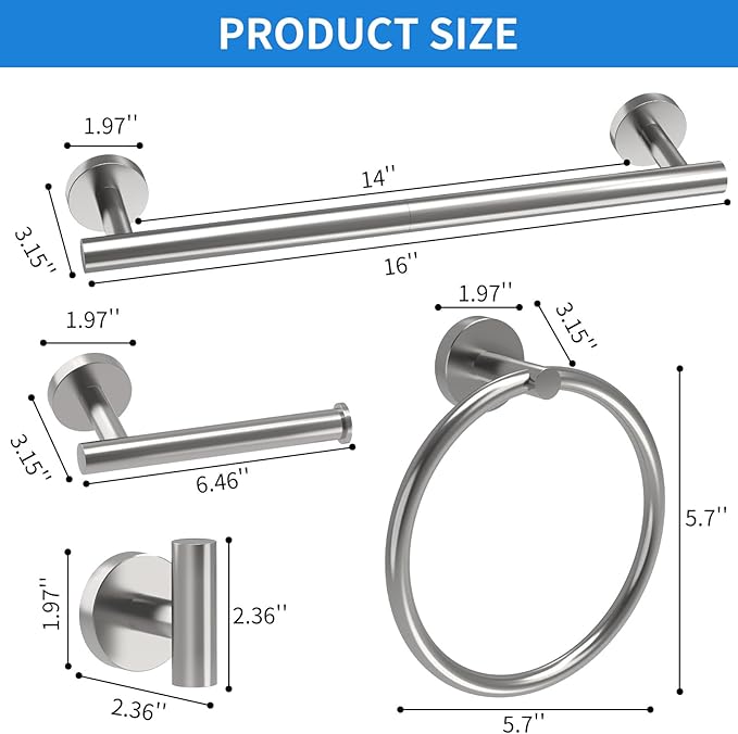 Brushed Nickel Bathroom Accessories, Bathroom Hardware Set, SUS304 Stainless Steel Bathroom Towel Holder Set, 24 Inch Towel Bar Set 5 Pcs, 2 Towel Hooks, Toilet Paper Holder, Towel Ring