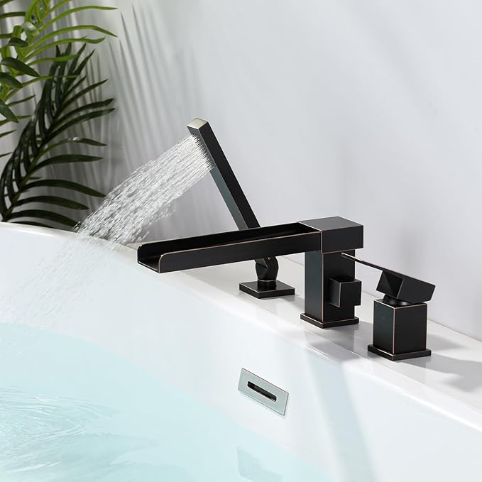 Waterfall Roman Tub Filler Faucet, Deck Mount Bathtub Filler with 360°Swivel Spout, 3 Holes Bathroom Tub Faucet with Sprayer, Oil Rubbed Bronze
