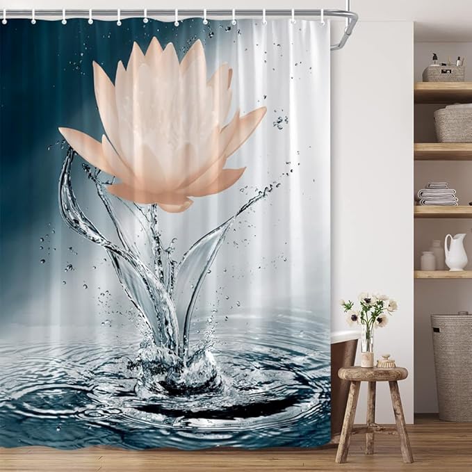 Lotus Shower Curtain Black White Blue Orange Flower Elegant Blooming Floral with Dew Spring Flower Reflection on Water Modern Romantic Polyester Fabric Bathroom Decor 36×70 Inch with Hook