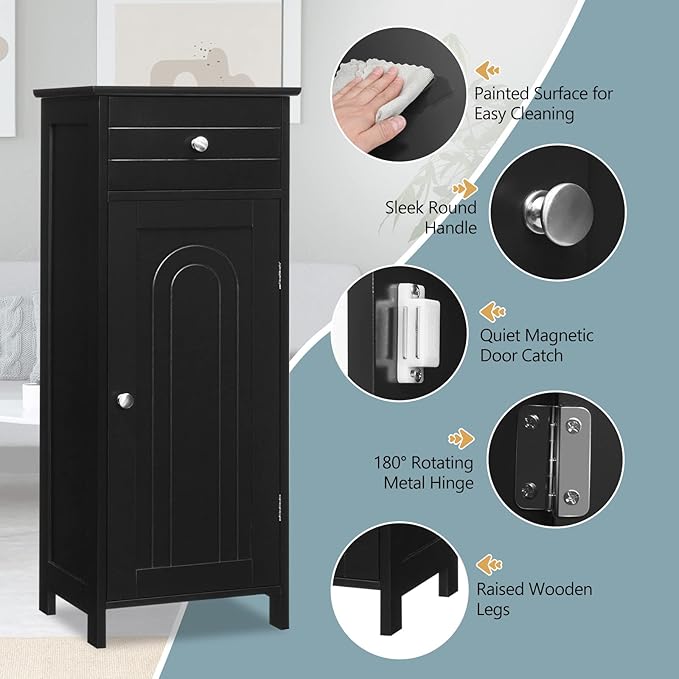 COSTWAY Bathroom Storage Cabinet, Single Door Floor Cabinet with Drawer and 3-Level Adjustable Shelves, Modern Side Storage Organizer with Anti-Tipping Device for Living Room, Bedroom (Black)