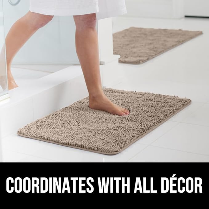 GORILLA GRIP Bath Rug Mat 30x20, Thick Absorbent Chenille, Quick Dry Microfiber Mats, Rubber Backing Washable Shower Floor Rugs, Bathmat Runner, US Designed Bathroom Home Decor Accessories Gray Beige
