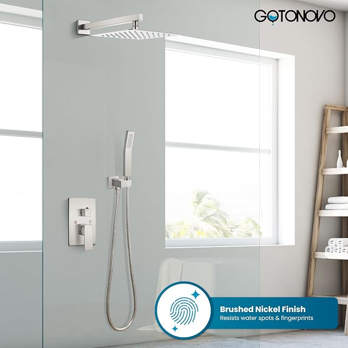 gotonovo Rainfall Bathroom Shower System Rain Shower Head and Handle Set Wall Mounted Shower Complete Combo Solid Brass Pressure Balancing Shower Mixer Valve 12 Inch Brushed Nickel