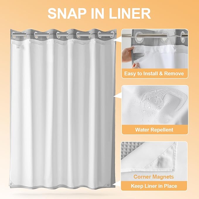 River Dream Grey Cotton Blend Shower Curtain with Snap in Liner, No Hook Heavy Duty Shower Curtains for Bathroom, Hotel Grade, Water Repellent, 71" Wx74 L