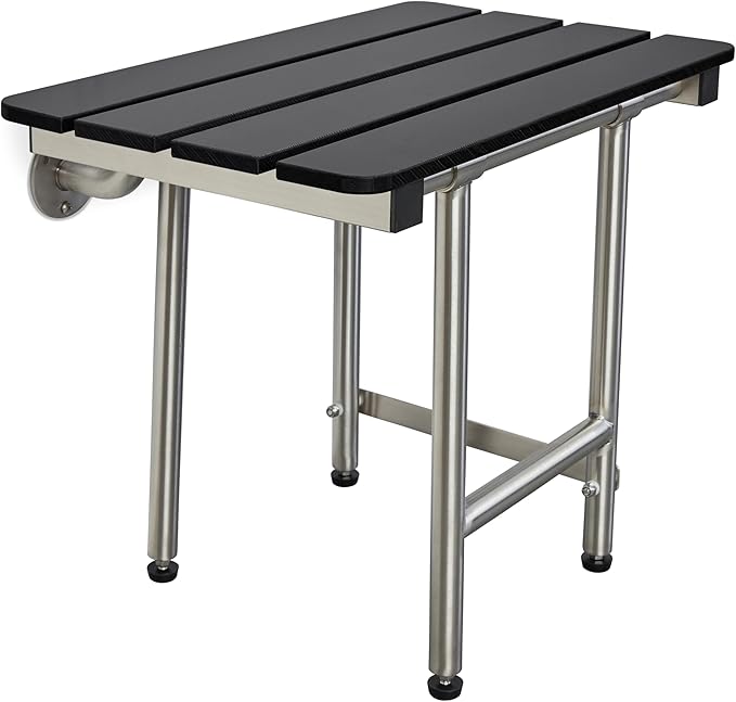 32-inch x 15-inch ADA Bariatric Folding Wall Mount Bathroom Shower Seat Bench with Legs, Black Slatted Phenolic Seat