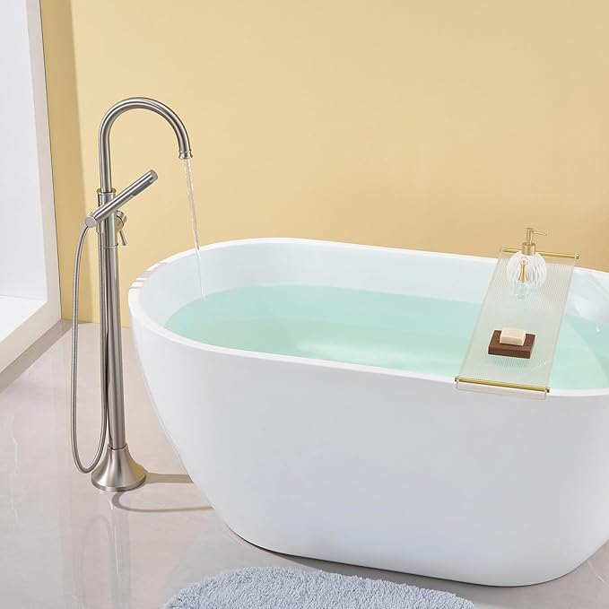 Free Standing Tub Faucet Brushed Nickel Freestanding Bathtub Faucet Floor Mount Brass Bathroom Tub Filler with Hand Shower