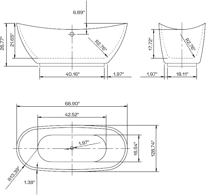 Empava 69" Freestanding Tub, Acrylic Contemporary Soaking White Tub with Drain and Overflow