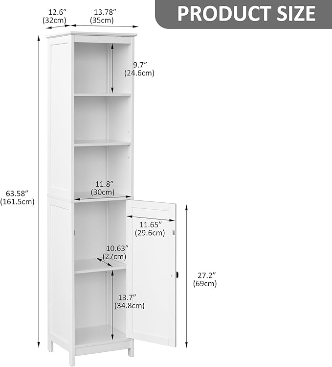 RRX Tall Bathroom Storage Cabinet,Slim Cabinet with Door &Shelf,13.8" L*12.6" W*63.4" H,Freestanding Narrow Cabinet with Anti-Tip,Storage for Kitchen,Entryway (Pure White)