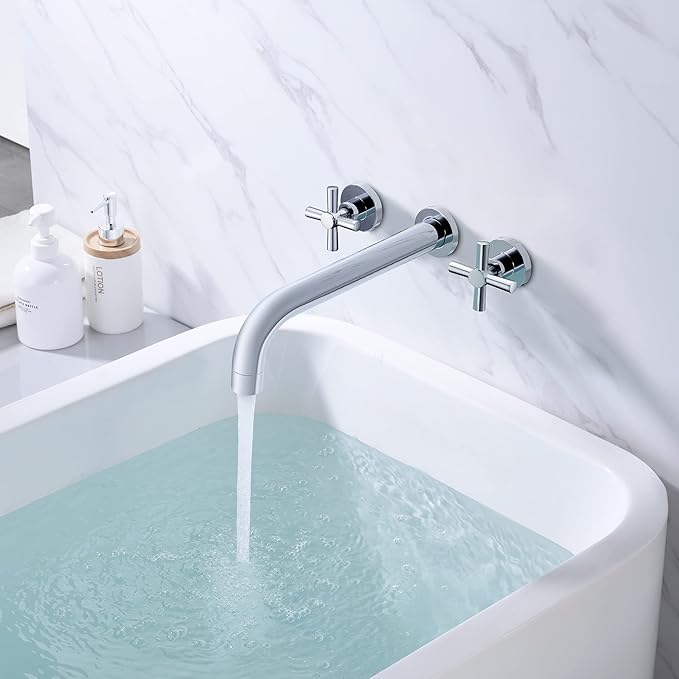 SUMERAIN Tub Filler Wall Mounted Tub Faucet High Flow Bathtub Faucet Chrome Finish with Rough in Valve, Extra Long Spout and Cross Handles