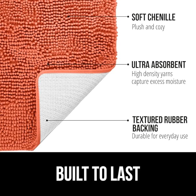 GORILLA GRIP Bath Rug Mat 30x20, Thick Soft Absorbent Chenille, Quick Dry Microfiber Mats, Rubber Backing Washable Shower Floor Rugs, Bathmat Runner, US Designed Bathroom Home Decor Accessories Coral