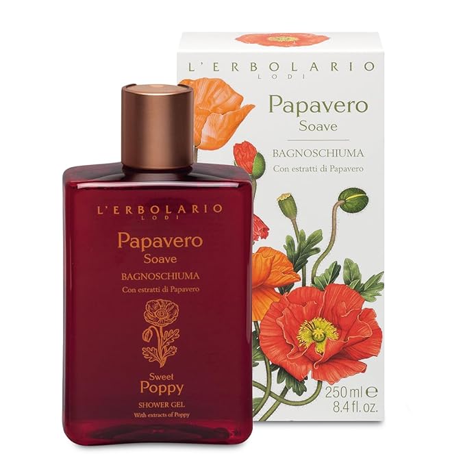 L'Erbolario Shower Gel – Antioxidant and Moisturizing Body Wash – Toning Body Soap for Sensitive Skin - Floral Amber Fragrance - Sweet Poppy - 8.4 oz