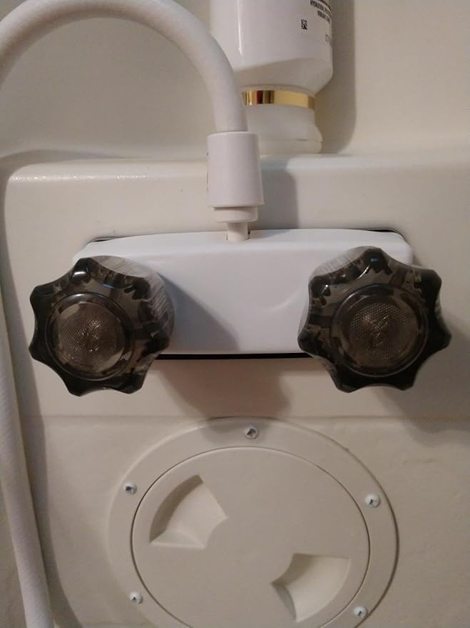 RV Shower Faucet, Camper Shower Faucet Replacement, with 2 knobs 4 Inches Outdoor Faucet use for Mobile outside Van Travel Trailer Motorhome Bathroom and Boat, White
