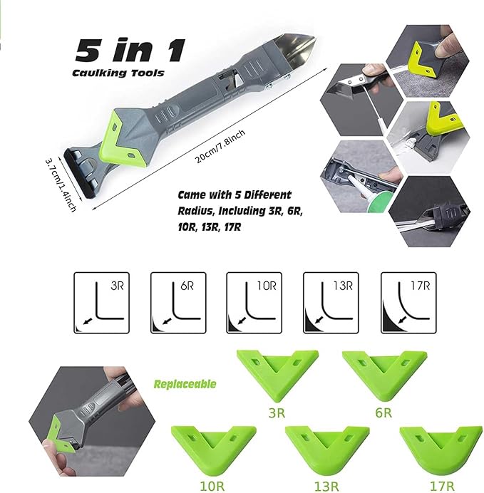 caulk remover tool,Silicone Caulking Tool Kit,Caulking Tool 5 in 1 with Grout Scraper,Adhesive Residue Scraper Seam Repair Kit,Ideal for Kitchen, Bathroom, and Window Sealing Finishing