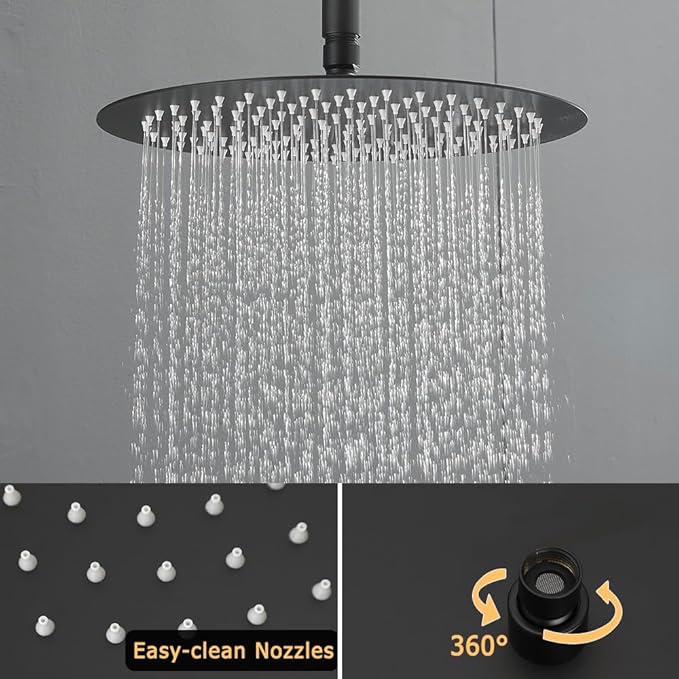 Matte Black Round Shower Faucet Set with Body Jets 12 Inch Shower Head Handheld Shower Combo Set High Pressure Ceiling Mount with Rough-in Valve