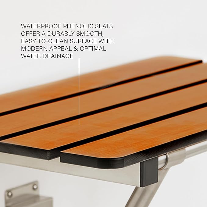 Seachrome 32-inch x 15-inch in ADA Folding Wall Mount Bathroom Shower Seat Bench, Teak Phenolic Seat