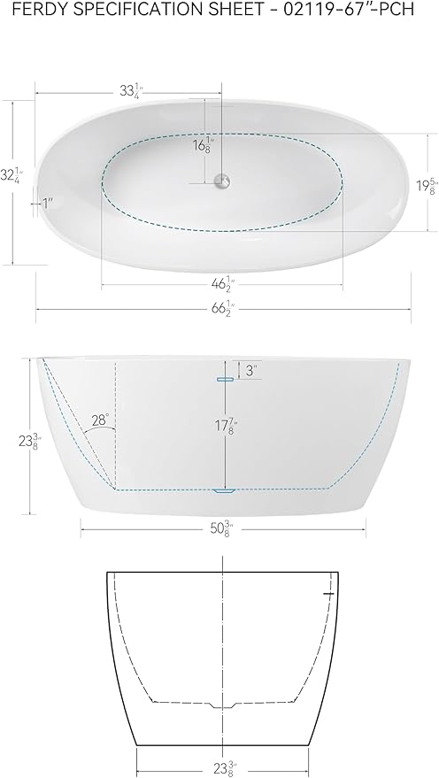 FerdY Tahiti 67" Freestanding Bathtub Elegant Oval Shape, Glossy White Double Walled Insulation bathtub with Center Polished Chrome Drain, UPC Certified -02119