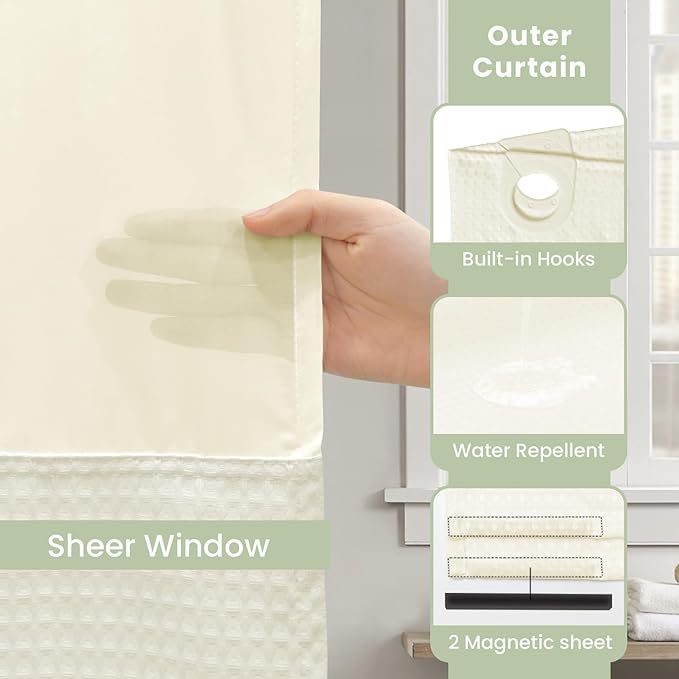 Inhousolu Extra Long No Hook Shower Curtain with Snap in Fabric Liner Set Waffle Weave 230GSM Weighted Hem, Waterproof & Washable Bathroom Curtain Spa Luxury with Mesh Top Window 72" W x 84" L Ivory