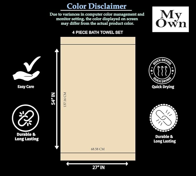 MyOwn Ultra Soft 4 Pack Oversized Bath Towel Set 27x54 inches, 100% Cotton Bath Towels, Highly Absorbant Compact Quickdry & Lightweight Towel, Ideal for Gym Travel Camp Pool - Ivory