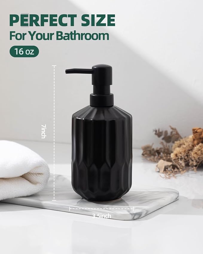 Fun Elements Bathroom Soap Dispenser, 16 Oz Luxurious Hand soap Dispenser for Bathroom, Ceramic Liquid Soap Dispenser for Bathroom Countertop with Plastic Pump, Silicone Funnel（Black Bottle）