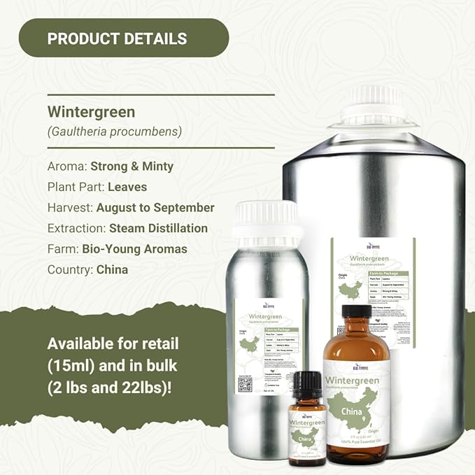 Wintergreen Essential Oil - Direct from Bio-Young Aromas China - Steam Distilled - Aceite de Gaulteria for Aromatherapy, Massage, Diffuser, DIY Candle and Soap Making - 2lbs
