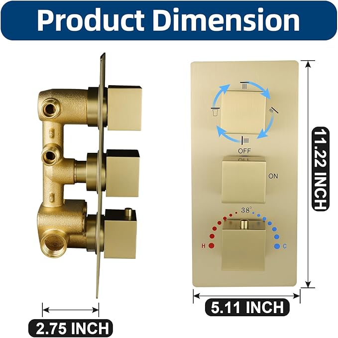 Brass 4 Ways Shower Diverter Valve Brushed Gold, HOMEDEC Thermostatic 4 Outlets 3 Handles Control Shower Mixing Mixer Valve Trim Kit Replacement, 3/4inch Rough In