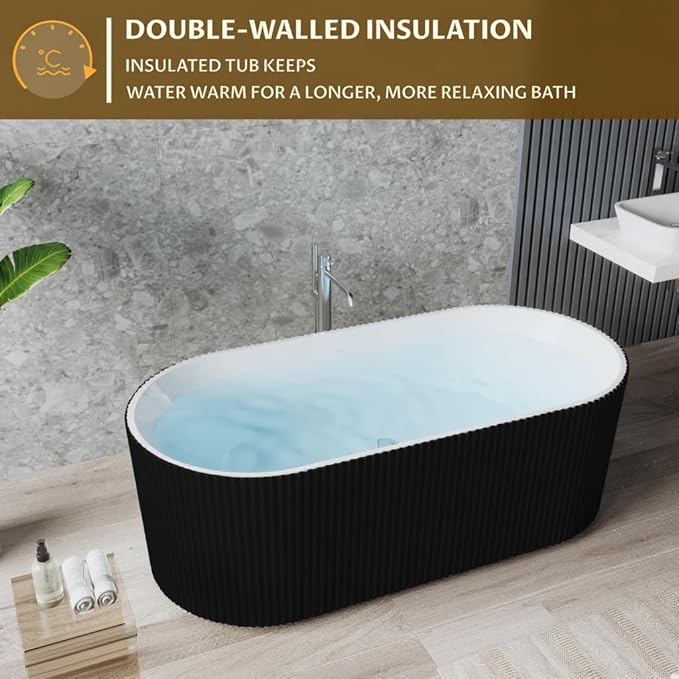 GarveeLife Freestanding Bathtubs 67 inch Black & White Acrylic Free Standing Soaking Tub – Contemporary Striped Design with Overflow Cover, Pop-Up Drain & Concealed Plumbing for Luxury Bathrooms