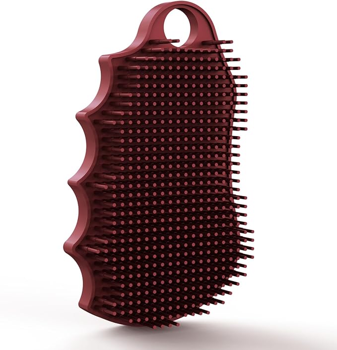 Silicone Body Scrubber Silver-Infused Dual-Sided 3-in-1 for Shower, Body Cleaning+Massage+Exfoliator Body Brush Buffer for Men and Women, Silicone Loofah, Non-Slip Handle (Burgundy)