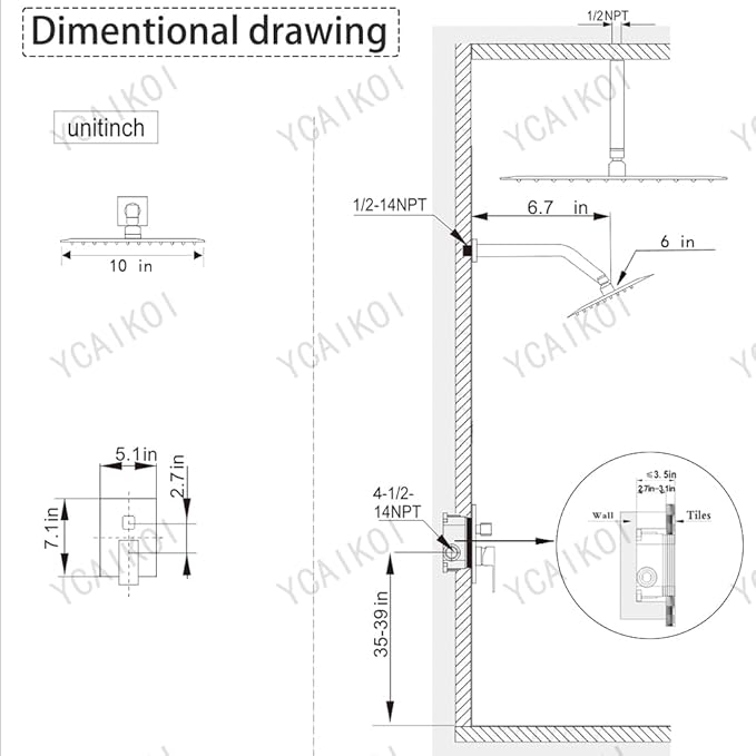 Shower Faucet Set Brushed Gold Shower System, Ceiling Mount 10 Inch Shower Head with 6 Inch Wall Mount Shower Head, Knob Switch Diverter Shower Faucet, Rough-in Valve Body and Trim Included
