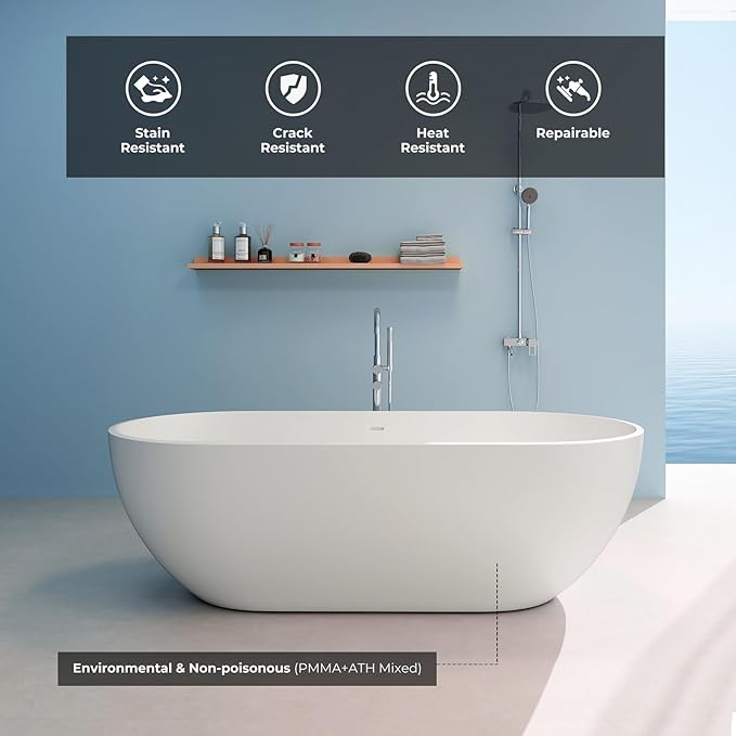 69" Premium Solid Surface Freestanding Bathtub, Oval Stone Resin Tub with Overflow and Pop-up Drain, Matte White