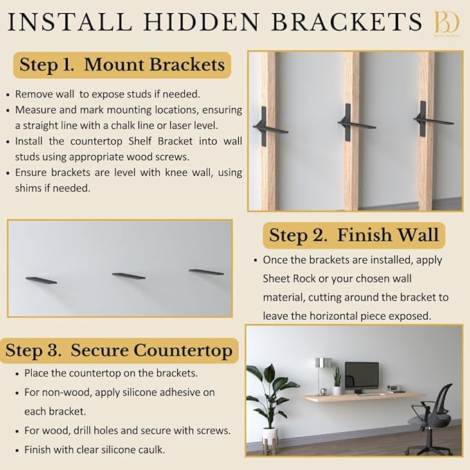 16 inch Floating Countertop Support Brackets by Balin Designs, Free hanging Floating Shelf Brackets Heavy Duty, Invisible Wall Shower Bench T Support for Vanities, Granite Countertops, (2 pack)
