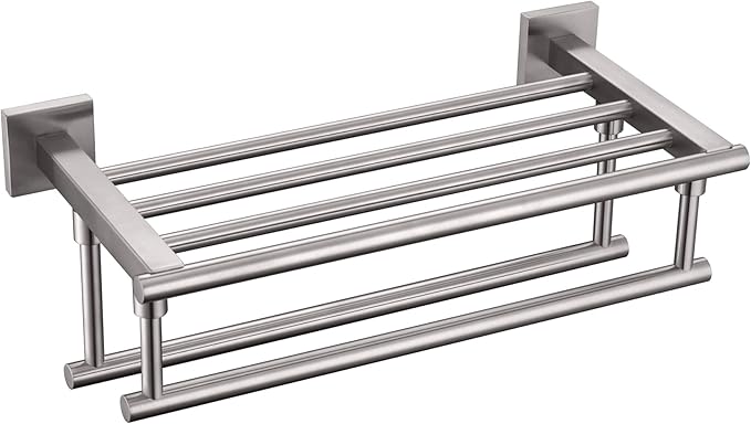 KOKOSIRI Towel Shelf with Double Towel Bars 16 Inches Bathroom Towel Rack Towel Holder Wall Mounted Stainless Steel, Brushed Nickel, B6005BR-L16
