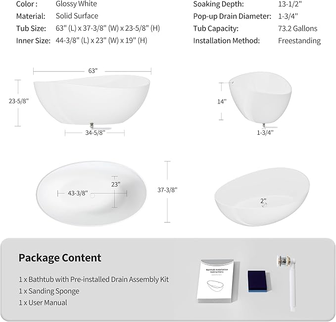 63" Freestanding Solid Surface Bathtub - Engineered Stone Resin Soaking Tub with Overflow & Pop-Up Drain, cUPC Certified Glossy White, 73-Gallon Capacity Deep Soak Tub Wavy for Modern Bathrooms