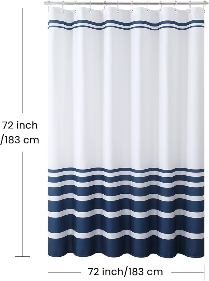 Blue and White Striped Shower Curtain 72x72 Inches, Waterproof Fabric with Modern Gradient Lines, 12 Rustproof Grommets & Weighted Hem