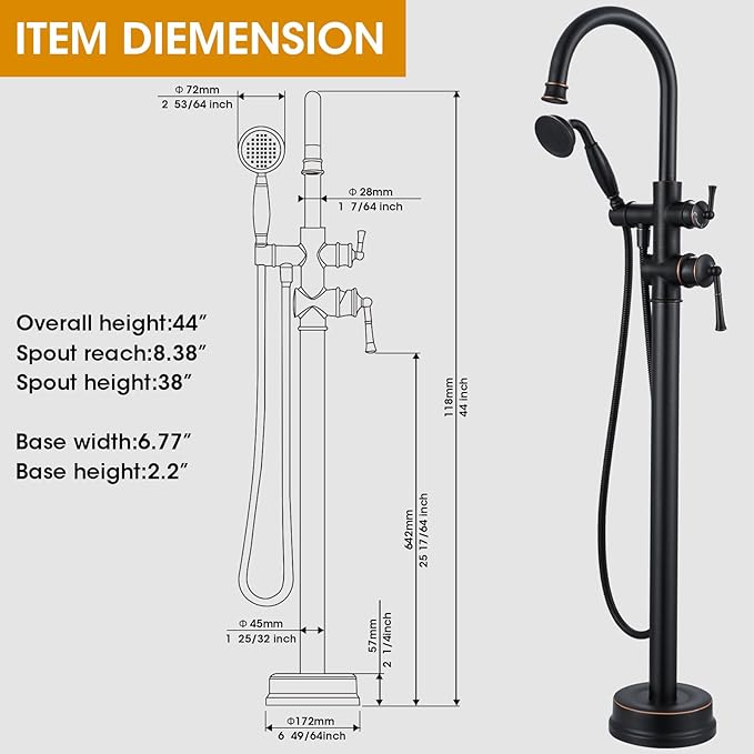 Freestanding Tub Faucet, Floor Mount Tub Faucet Oil Rubbed Bronze High Flow Tub Filler, Roman Tub Faucet with Antique Handheld, Swivel Gooseneck Spout Shower Mixer Taps (B2311-ORB)