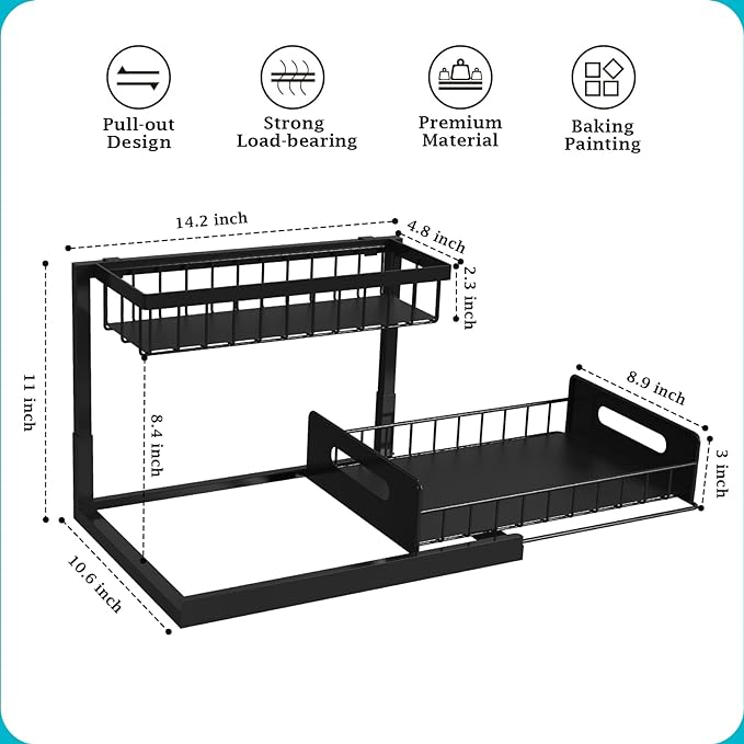 REALINN Under Sink Organizer, Pull Out Cabinet Organizer Slide Out Sink Shelf Cabinet Storage Shelves, Storages for Kitchen Bathroom, Black, 2 Pack