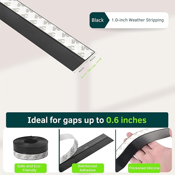 Door Weather Stripping Seal Strip, Door Draft Stopper for Door Frame, Window, Shower Door Bottom Seal, Strong Adhesive Silicone Weather Stripping for Weatherproofing and Noise Reduction, Black