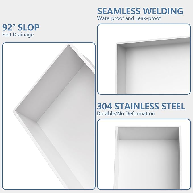Homevacious 24" X 12" X 4" Stainless Steel Shower Niche No Tile Needed White Bathroom Shelf Rimless Recessed Wall Niche for Bathroom Storage