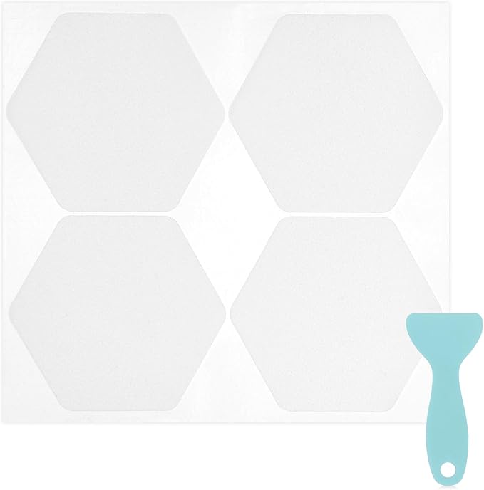 S&X 24 Pcs Anti Slip Shower Stickers (Large 4.7" Hexagon), Oversized Non Slip Bathtub Stickers with Scraper, Invisible Clear High Traction Grit Safety Bath Decals for Tub Floor, Pools, Stairs