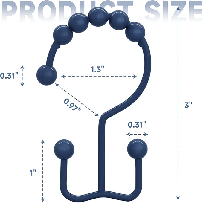 Titanker Shower Curtain Hooks Rings, Rust-Resistant Metal Double Glide Shower Hooks for Bathroom Shower Rods Curtains, Set of 12 Hooks - Navy Blue