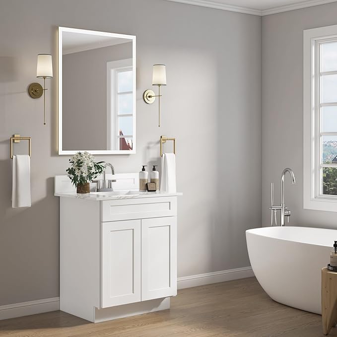 ROOMTEC Bathroom Cabinet, 24'' Free Standing Single Bathroom Vanity with 1 False Drawer and 2 Doors,Morden Bathroom Sink Vanity Storage Cabinet, Shaker White