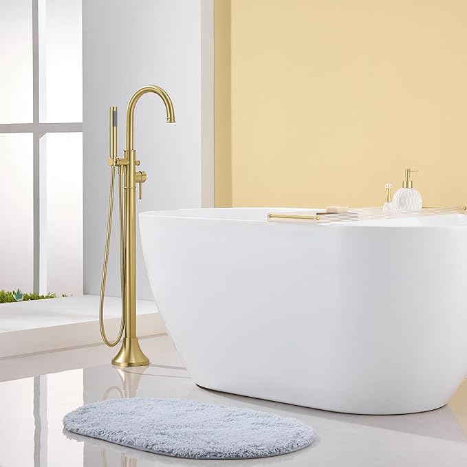 Free Standing Tub Faucet Brushed Gold Freestanding Bathtub Faucet Floor Mount Brass Bathroom Tub Filler with Hand Shower