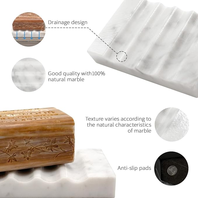 Real Marble Soap Dish for Shower Stone Tray Small Bar Soap Holder with Self Draining | Non-Slip, Luxury Bath Room Accessories (White)