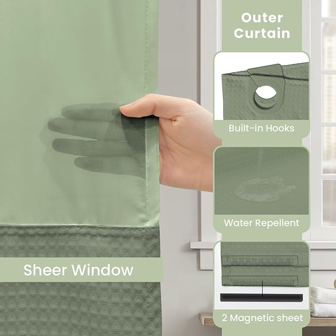 Inhousolu Extra Long No Hook Shower Curtain with Snap in Fabric Liner Set Waffle Weave 230GSM Weighted Hem, Waterproof & Washable Bathroom Curtain Spa with Mesh Top Window 72" W x 84" L Sage Green