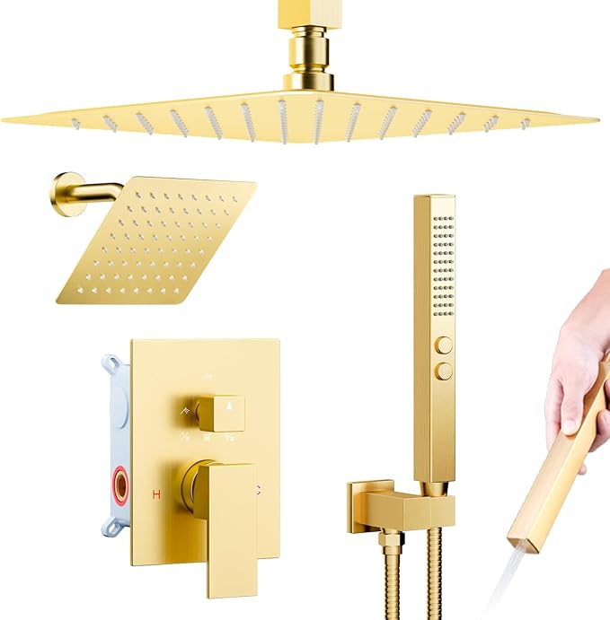Dual Shower System Brushed Gold,Five Functions Knob Diverter Rainfall Shower Faucet Set with 2 in 1 Handheld Spray,12'' Ceiling Mount and 6'' Wall Mount Rainfall Shower System