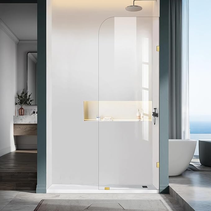 Bathroom Shower Door, 24" W ×78" H Fixed Shower Glass Panel with Clamps, 3/8" (10mm) Glass Shower Doors, Clear Tempered Frameless Shower Panel in Brushed Gold