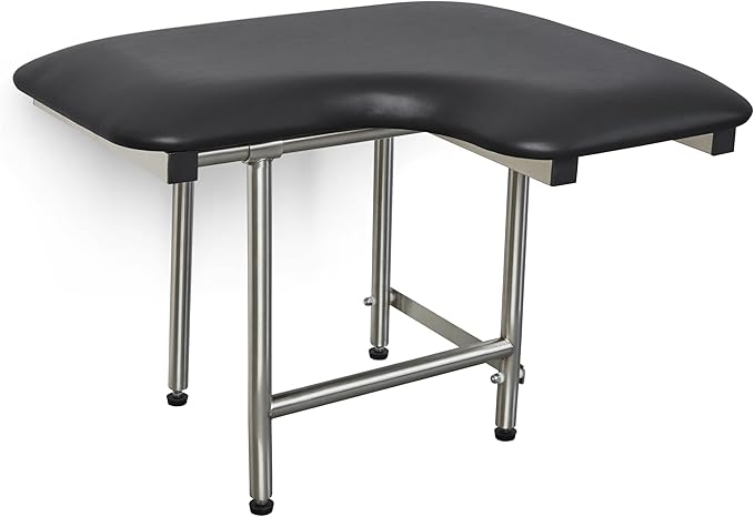 26" x 22.5" Black Padded Wall Mount Folding Left-Handed Transfer Bench Shower Seat with Legs, ADA Compliant