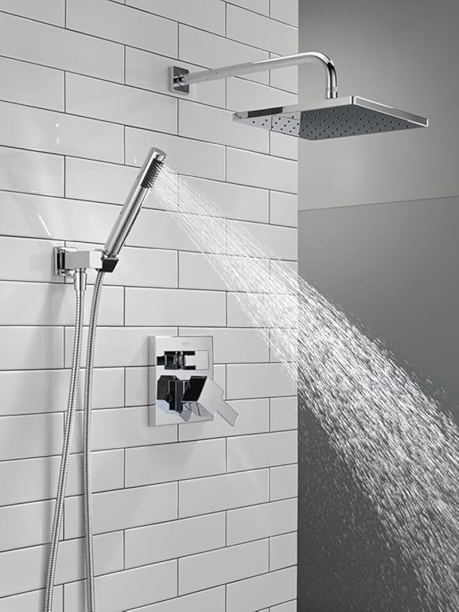 Delta Modern 14 Series Square Rain Shower System Faucet Set, Rainfall Chrome Shower Head and Handle Set, Valve Trim Kit, 10 Inch, Chrome 342701